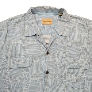 Tommy Bahama Silk Camp Shirt Mens XL Blue Geometric Grid Button Up Aloha